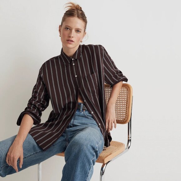 Madewell Tops - Madewell Satin Oversized Boyshirt in Stripe Chocolate Raisin #A0447 TRB3